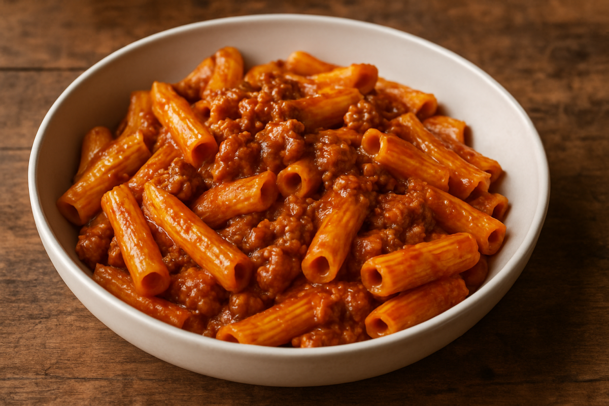 Macarronada à calabresa cremosa gratinada em travessa com parmesão dourado por cima