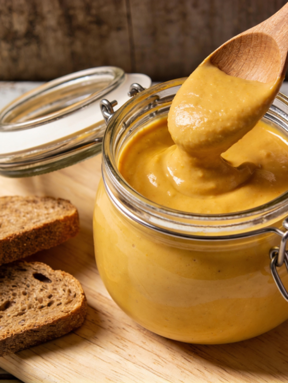 Mandioqueijo queijo vegano cremoso em pote de vidro com colher de madeira e torradas ao lado