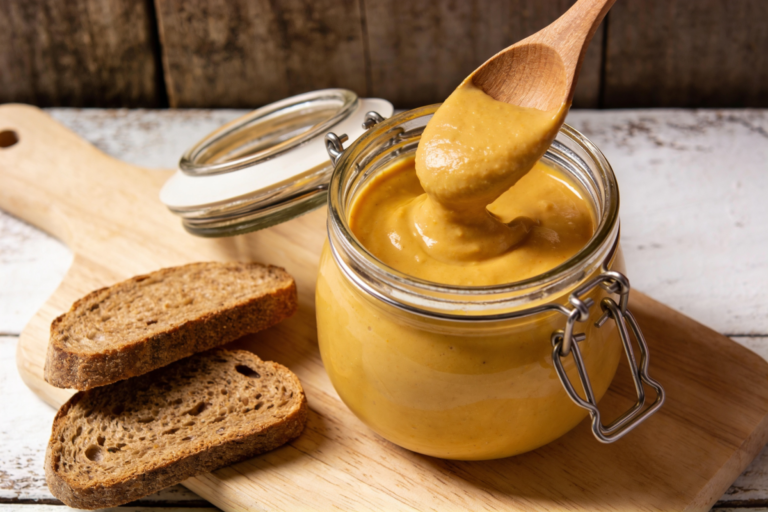 Mandioqueijo queijo vegano cremoso em pote de vidro com colher de madeira e torradas ao lado