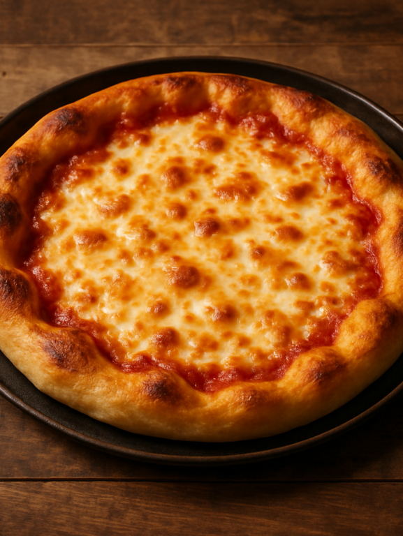 Massa de pizza de Coca Cola caseira com bordas douradas e queijo derretido em forma escura
