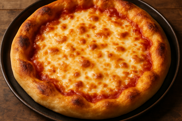 Massa de pizza de Coca Cola caseira com bordas douradas e queijo derretido em forma escura
