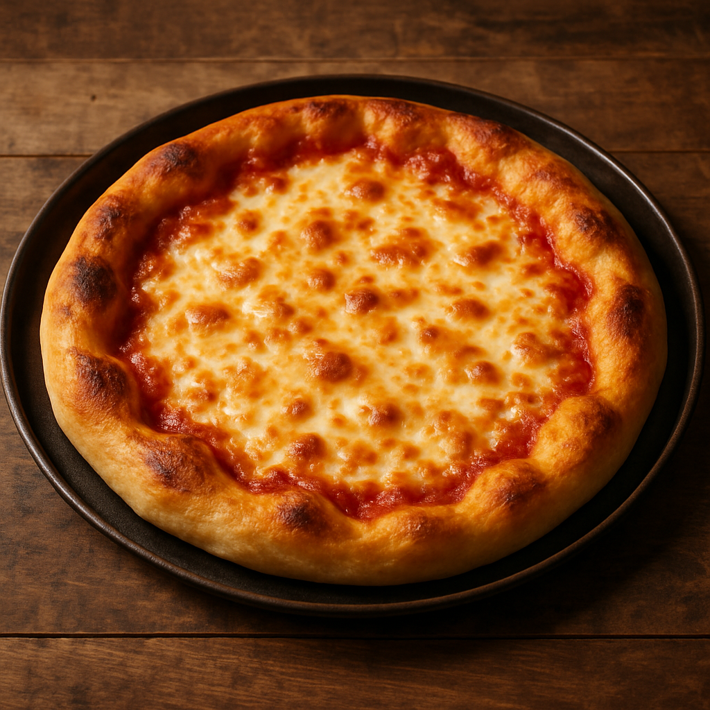 Massa de pizza de Coca Cola caseira com bordas douradas e queijo derretido em forma escura