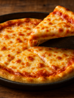 massa para pizza doce ou salgada caseira com bordas douradas e queijo derretido em assadeira