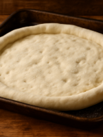 massa para pizza extra macia aberta em assadeira com borda alta e textura fofinha