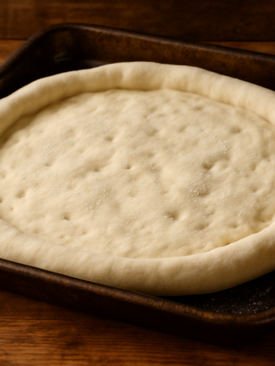 massa para pizza extra macia aberta em assadeira com borda alta e textura fofinha