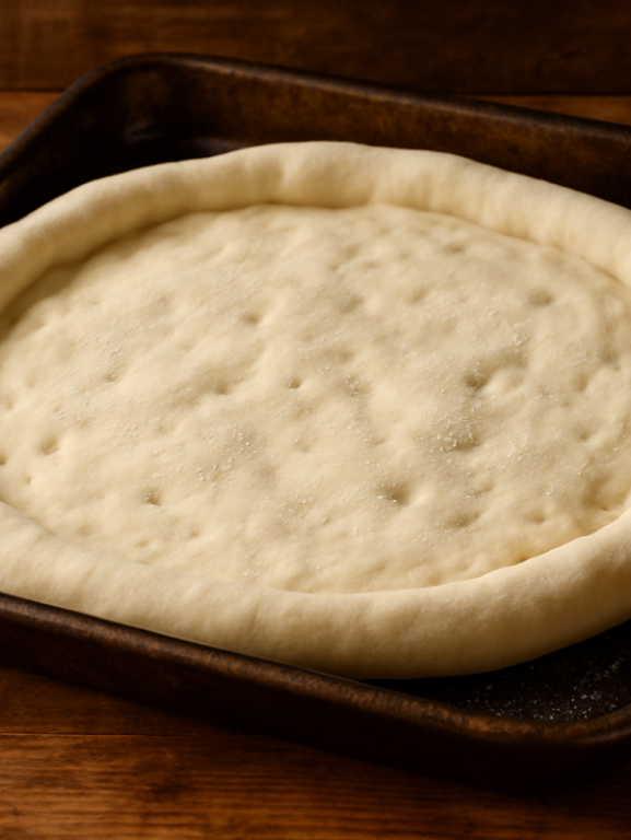 massa para pizza extra macia aberta em assadeira com borda alta e textura fofinha