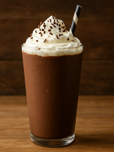 milkshake do matheus de chocolate cremoso e gelado em copo alto com chantilly e granulado