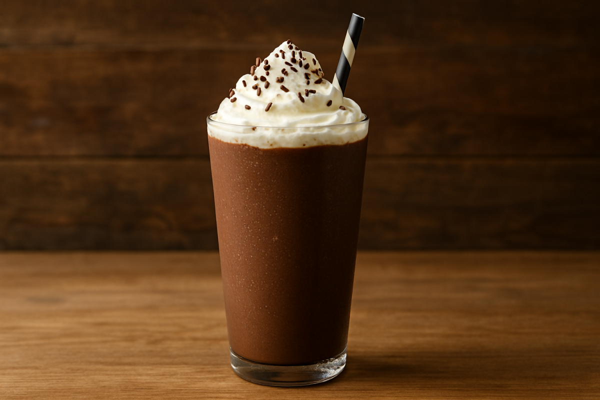 milkshake do matheus de chocolate cremoso e gelado em copo alto com chantilly e granulado