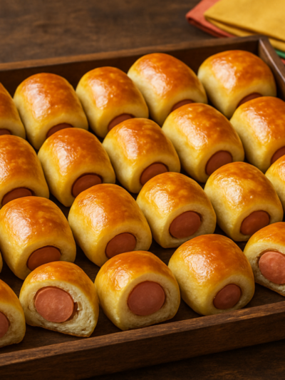 Mini Hot Dogs caseiros dourados em bandeja de madeira, massa fofa com salsicha recheada, prontos para servir em festa
