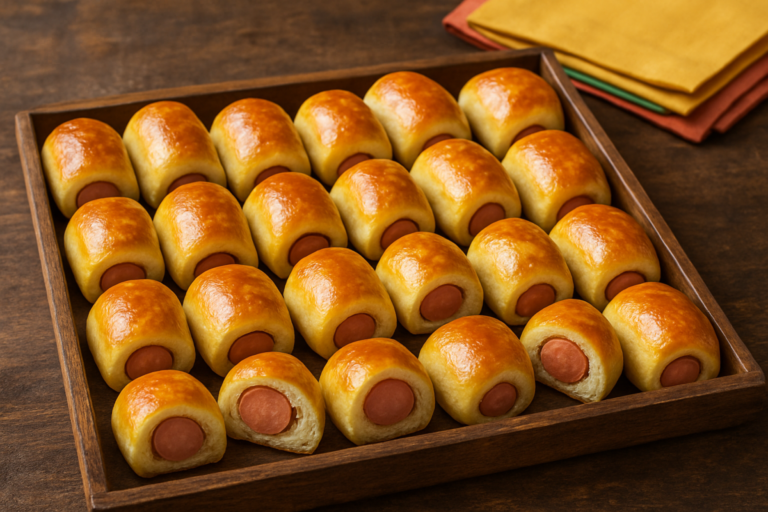 Mini Hot Dogs caseiros dourados em bandeja de madeira, massa fofa com salsicha recheada, prontos para servir em festa