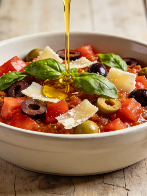Molho crudaiola fresco com tomate, manjericão e azeite em tigela de cerâmica branca