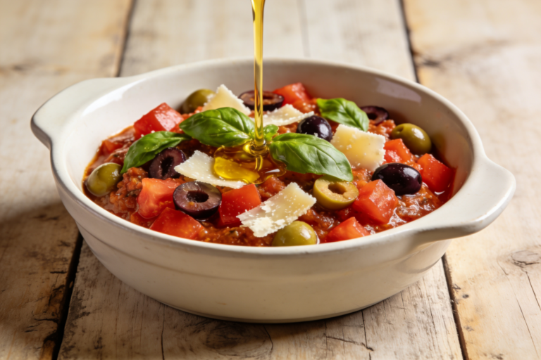 Molho crudaiola fresco com tomate, manjericão e azeite em tigela de cerâmica branca