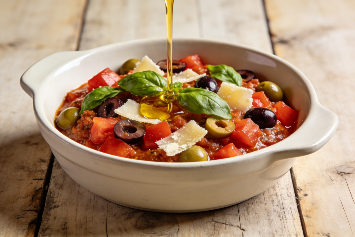 Molho crudaiola fresco com tomate, manjericão e azeite em tigela de cerâmica branca