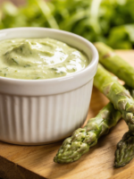 molho de aspargos para salada cremoso em molheira branca com aspargos frescos ao lado