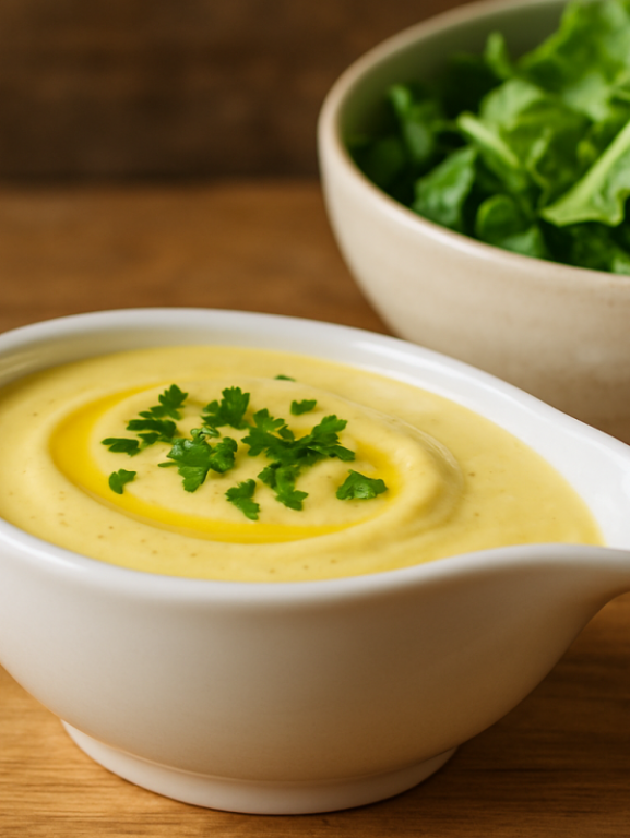 molho para saladas cremoso de limão e mostarda em molheira branca com salsinha picada