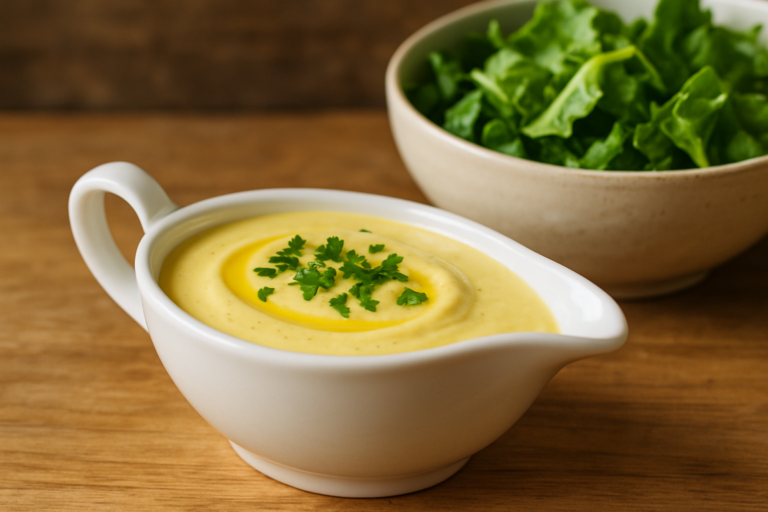 molho para saladas cremoso de limão e mostarda em molheira branca com salsinha picada