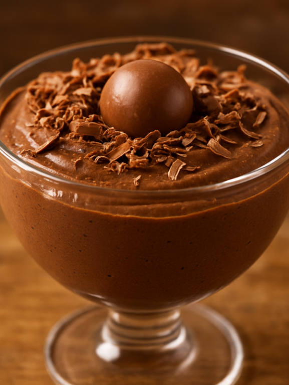 Taça de mousse de bombom cremosa decorada com raspas de chocolate e bombom inteiro