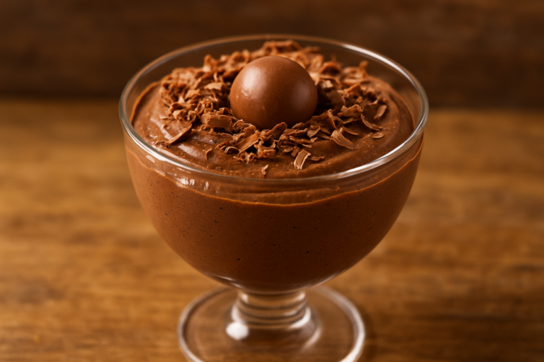 Taça de mousse de bombom cremosa decorada com raspas de chocolate e bombom inteiro
