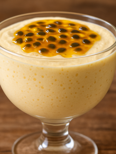 Mousse de maracujá da Thaisa suave servida em taça de vidro com sementes de maracujá por cima