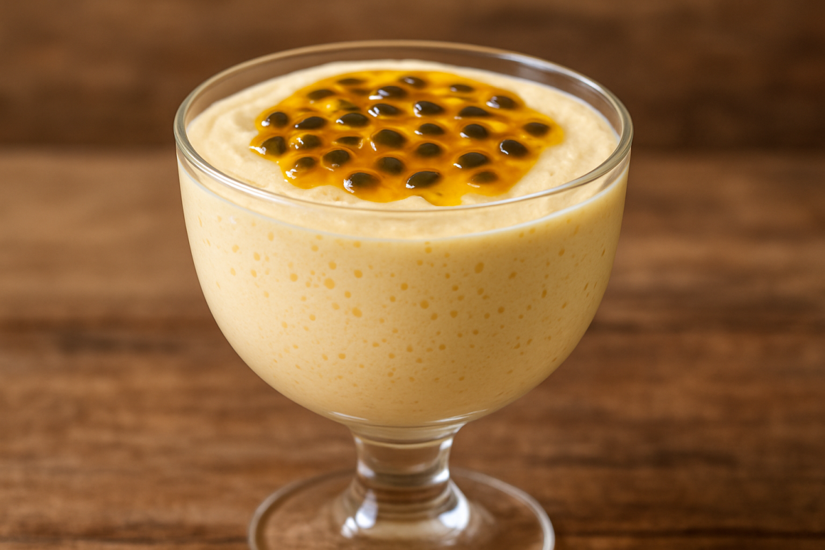Mousse de maracujá da Thaisa suave servida em taça de vidro com sementes de maracujá por cima