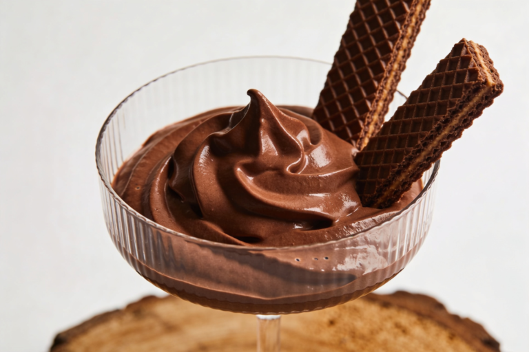 mousse quero mais cremoso servido em taça de vidro com pedaços de chocolate Bis decorando a superfície