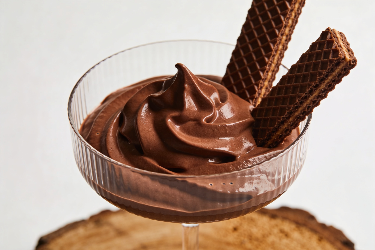 mousse quero mais cremoso servido em taça de vidro com pedaços de chocolate Bis decorando a superfície