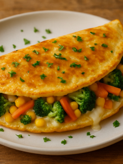 omeletão vegetariano cremoso com brócolis, cenoura, milho e queijo derretido em prato branco