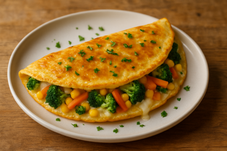 omeletão vegetariano cremoso com brócolis, cenoura, milho e queijo derretido em prato branco