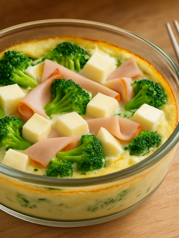 omelete de micro-ondas fit com brócolis, queijo branco e peito de peru em refratário de vidro