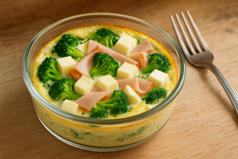 omelete de micro-ondas fit com brócolis, queijo branco e peito de peru em refratário de vidro
