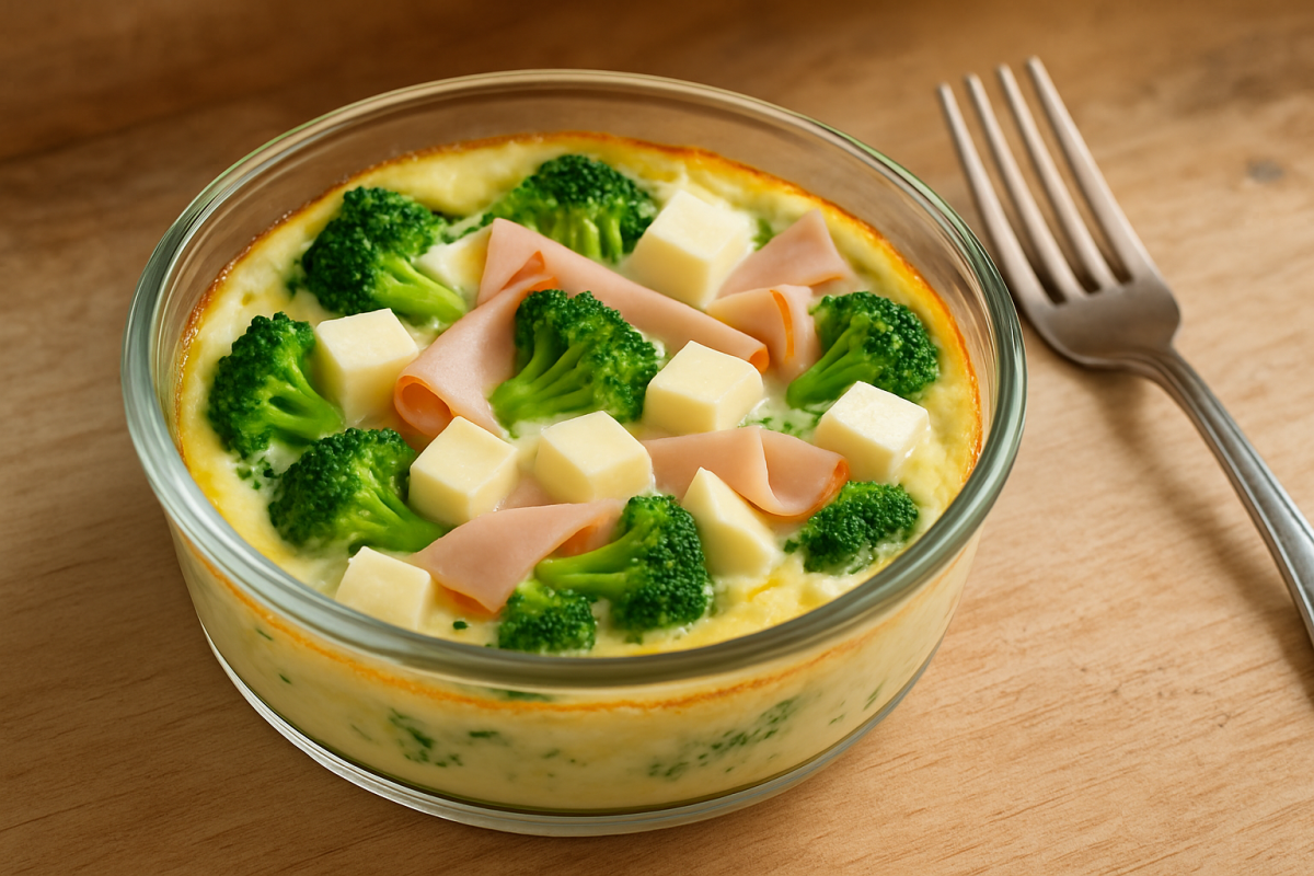 omelete de micro-ondas fit com brócolis, queijo branco e peito de peru em refratário de vidro