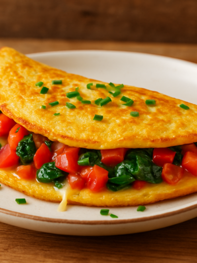 omelete vegetariano cremoso com pimentão, tomate e espinafre em prato branco