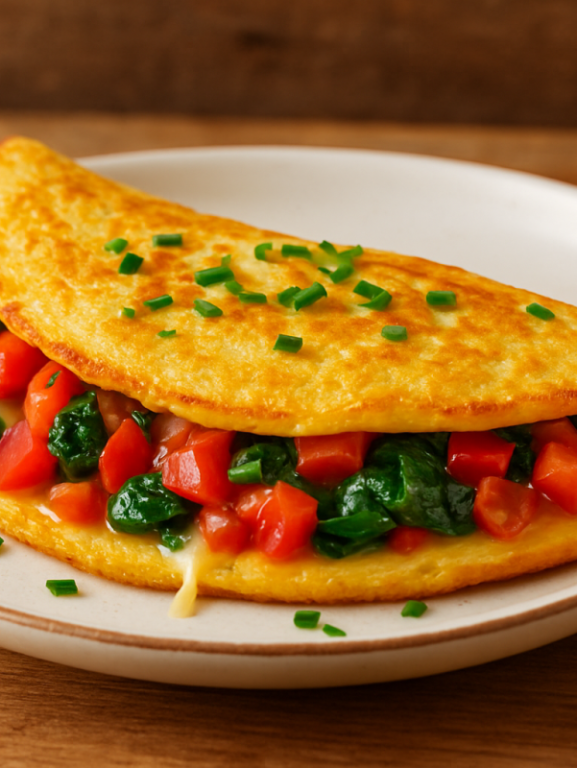 omelete vegetariano cremoso com pimentão, tomate e espinafre em prato branco