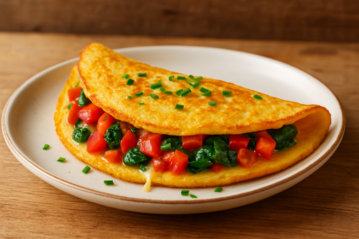 omelete vegetariano cremoso com pimentão, tomate e espinafre em prato branco