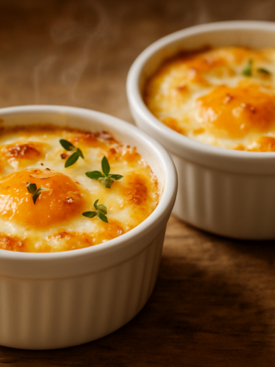 ovos assados cremosos em ramekin de cerâmica com queijo gratinado e tomilho fresco