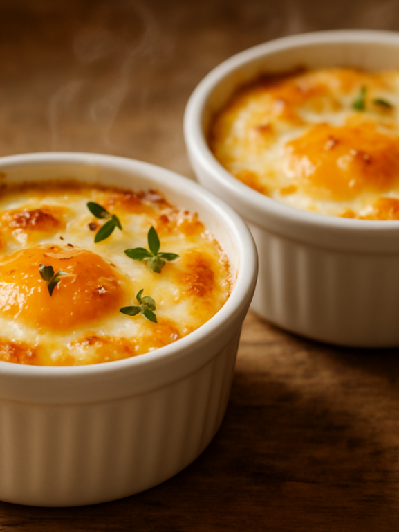 ovos assados cremosos em ramekin de cerâmica com queijo gratinado e tomilho fresco