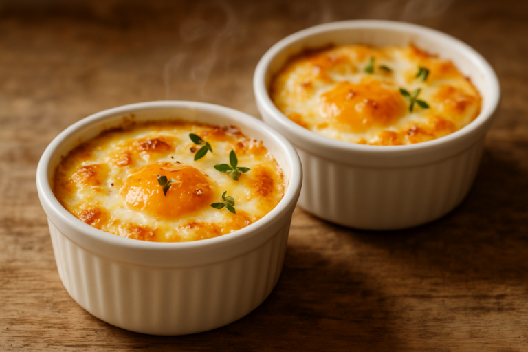 ovos assados cremosos em ramekin de cerâmica com queijo gratinado e tomilho fresco