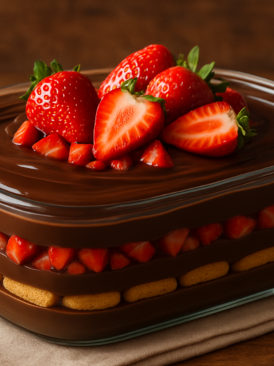 Paixão de Morangos e Chocolate em travessa de vidro com camadas de creme de chocolate, bolacha champagne e morangos frescos