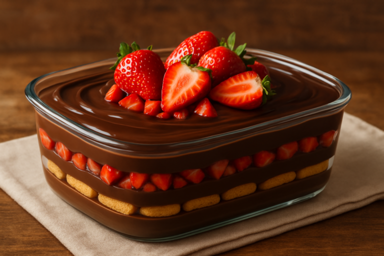 Paixão de Morangos e Chocolate em travessa de vidro com camadas de creme de chocolate, bolacha champagne e morangos frescos