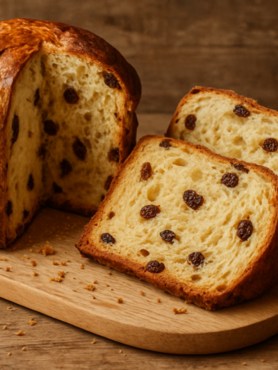 Panetone Suíço Integral fatiado mostrando miolo fofinho com passas, casca dourada e brilhante sobre tábua de madeira