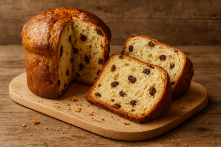 Panetone Suíço Integral fatiado mostrando miolo fofinho com passas, casca dourada e brilhante sobre tábua de madeira