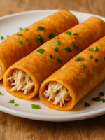 panqueca fitness com farinha de aveia recheada de frango desfiado em prato branco