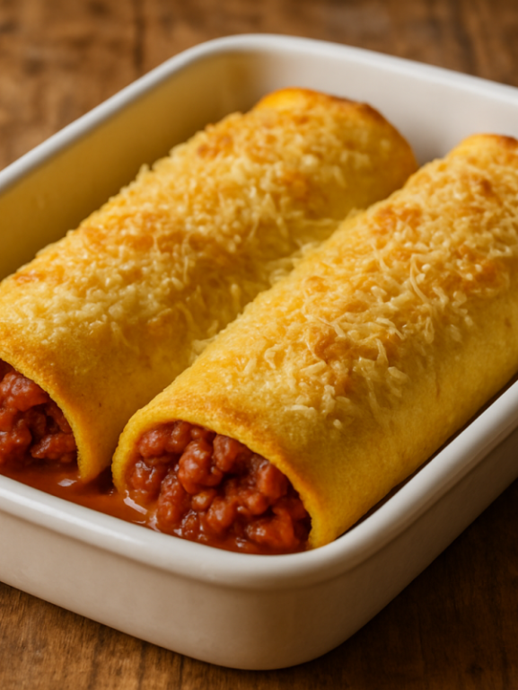 panquecas sem glúten de fubá recheadas com carne moída e gratinadas com parmesão em refratário branco