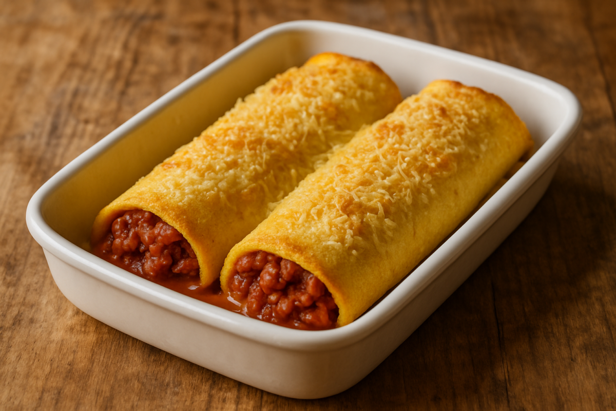 panquecas sem glúten de fubá recheadas com carne moída e gratinadas com parmesão em refratário branco