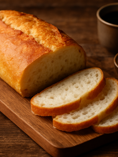 pão caseiro sem açúcar fatiado sobre tábua de madeira, perfeito para o café da manhã
