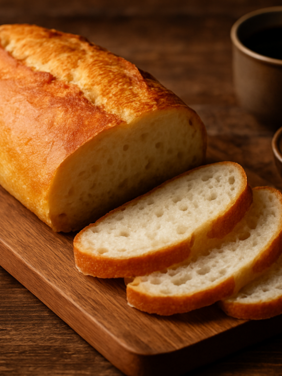pão caseiro sem açúcar fatiado sobre tábua de madeira, perfeito para o café da manhã
