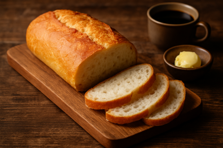 pão caseiro sem açúcar fatiado sobre tábua de madeira, perfeito para o café da manhã
