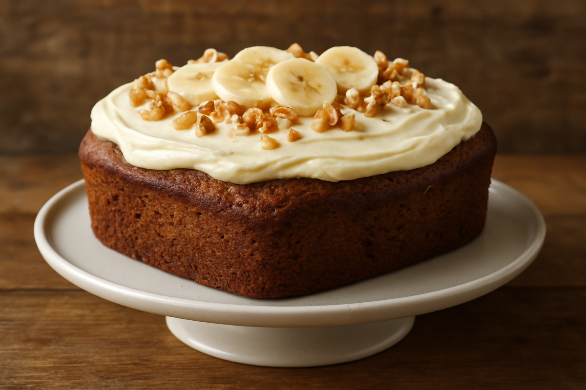 Fatia de pão de banana fofinho com casquinha de canela e açúcar em prato branco