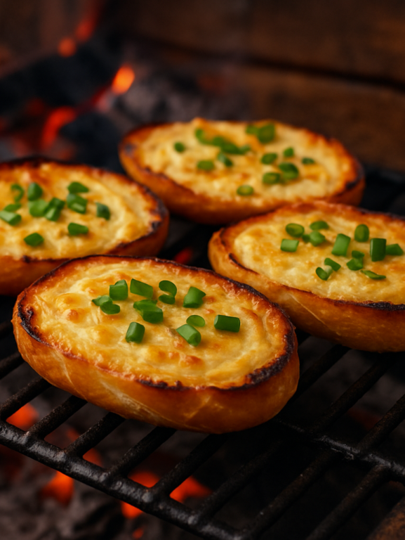 pão de churrasco alemão assado na grelha com pasta de maionese dourada e cebolinha verde