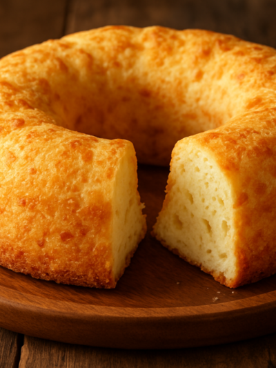 pão de queijo em forma de pudim dourado e fofinho, fatiado sobre prato de madeira